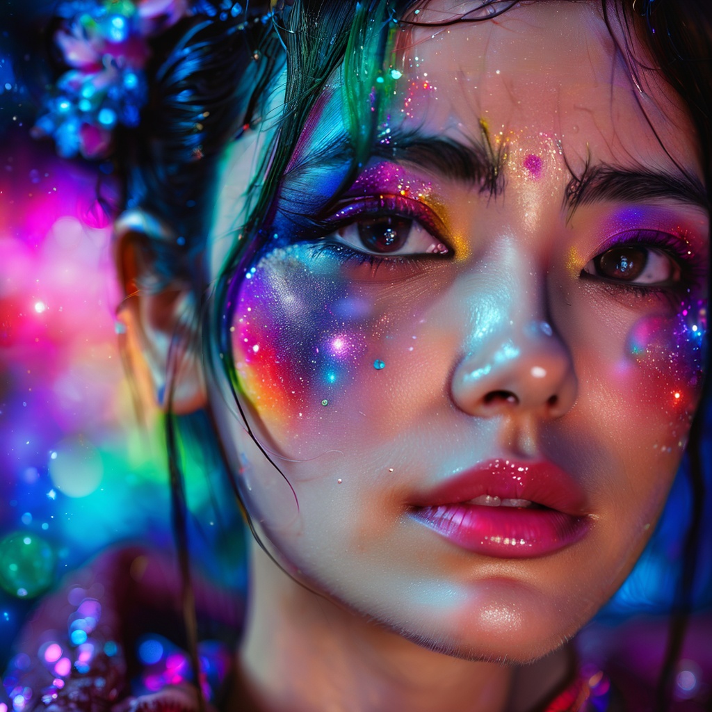 Portrait of a woman, with a colorful galaxy in the eyes, highly detailed, tears, emotional, bokeh, taken at an angle, f/1.2, canon photography, <lora:poaklggllgirl-000007:0.8>