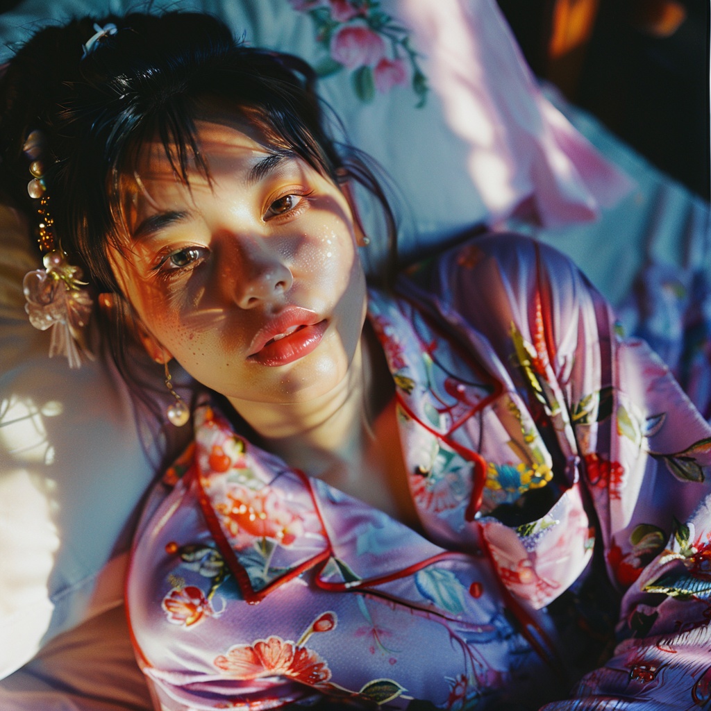 guaiguailuli girl, ell4jo,pajama pants.oversized shirt,on bed,view from above, style by Dan Winters,RAW photography,film grain,(indistinguishable from reality:1.4),photo taken with a Bolex H16, Thorough,analog style,female focus,highest quality,(highly detailed skin),perfect face,skin pores,(bokeh:0.6),sharp focus,dappled lighting,(backlighting:0.7),film grain,photographed on a Sony A7R IV,18mm F/1.7 cine lens,(highly detailed, intricately detailed),8k,HDR,front view,(full body visible:1.2), <lora:poaklggllgirl-000007:0.8>