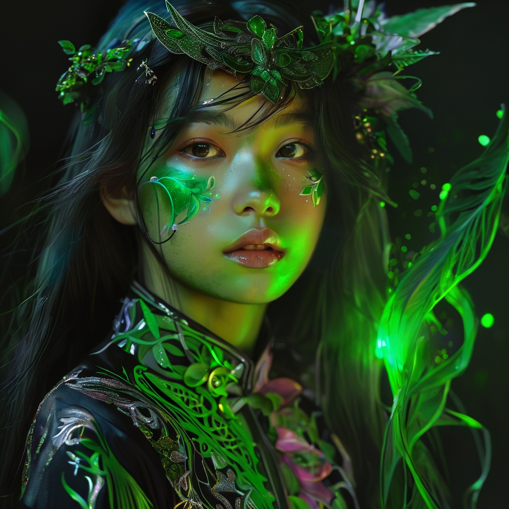 guaiguailuli girl, portrait, fantasy, magic, epic, abstract, chaos, dark, green magic,, <lora:poaklggllgirl-000007:0.8>