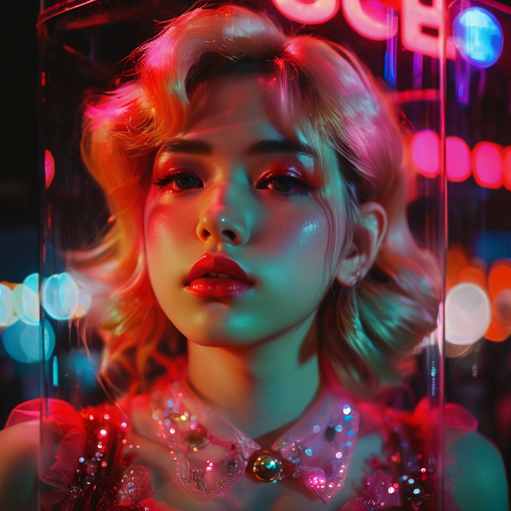 guaiguailuli girl, cinematic film still, cute princess peach standing behind a glass. Neon lights, possibly from a cityscape or urban setting, are superimposed on the image, casting a red hue and adding to the ambiance. The background is blurred but suggests an urban environment with reflections and lights. moody and atmospheric tone. The individual's face is partially obscured by what appears to be a smoky or misty effect. princess peach is sad, head slightly tilted. In Casey Baugh's evocative style, <lora:poaklggllgirl-000007:0.8>