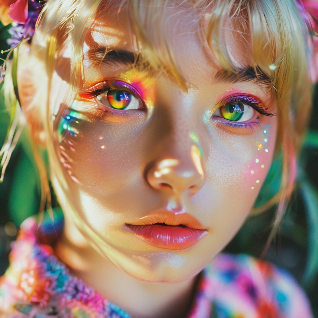 guaiguailuli girl, French blonde, cute face, Colorful rainbow cat eye close-up, cat eyes pupils, plant shadows on facea realistic eye eyes glowclear eye features, behance stylefront viewmorning sunlightfilm style, <lora:poaklggllgirl-000007:0.8>