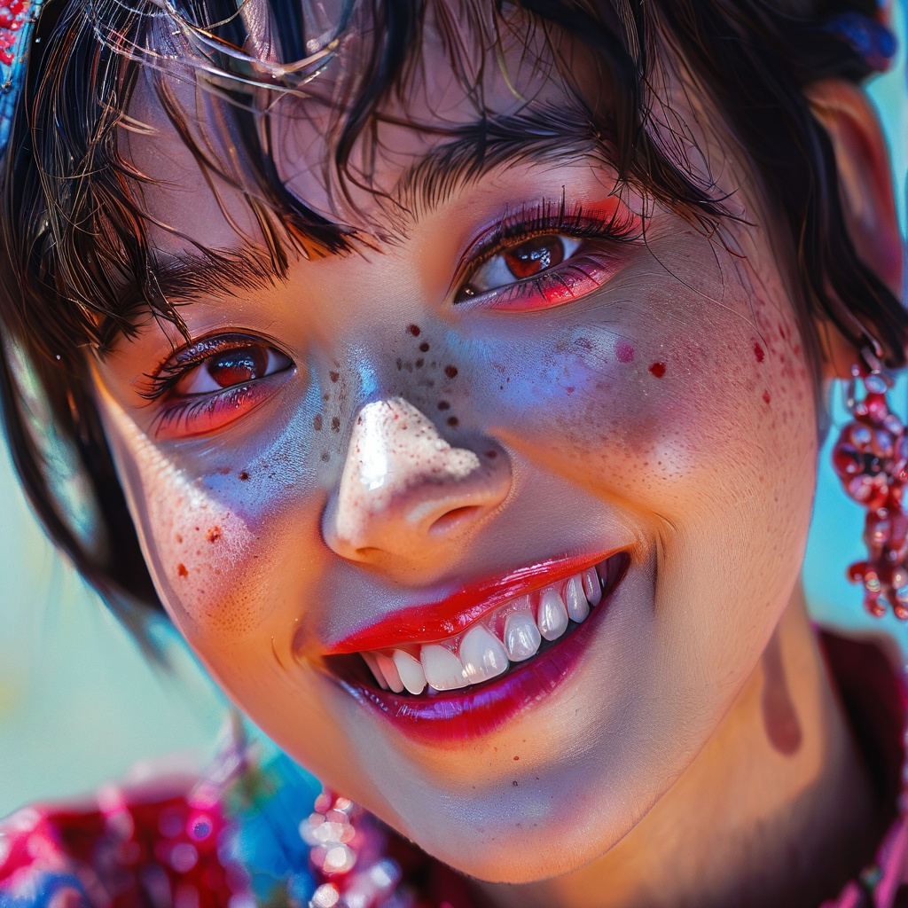 guaiguailuli girl, beautiful lady, (freckles), big smile, ruby eyes, short hair, dark makeup, hyperdetailed photography, soft light, head and shoulders portrait, cover, <lora:poaklggllgirl-000007:0.8>