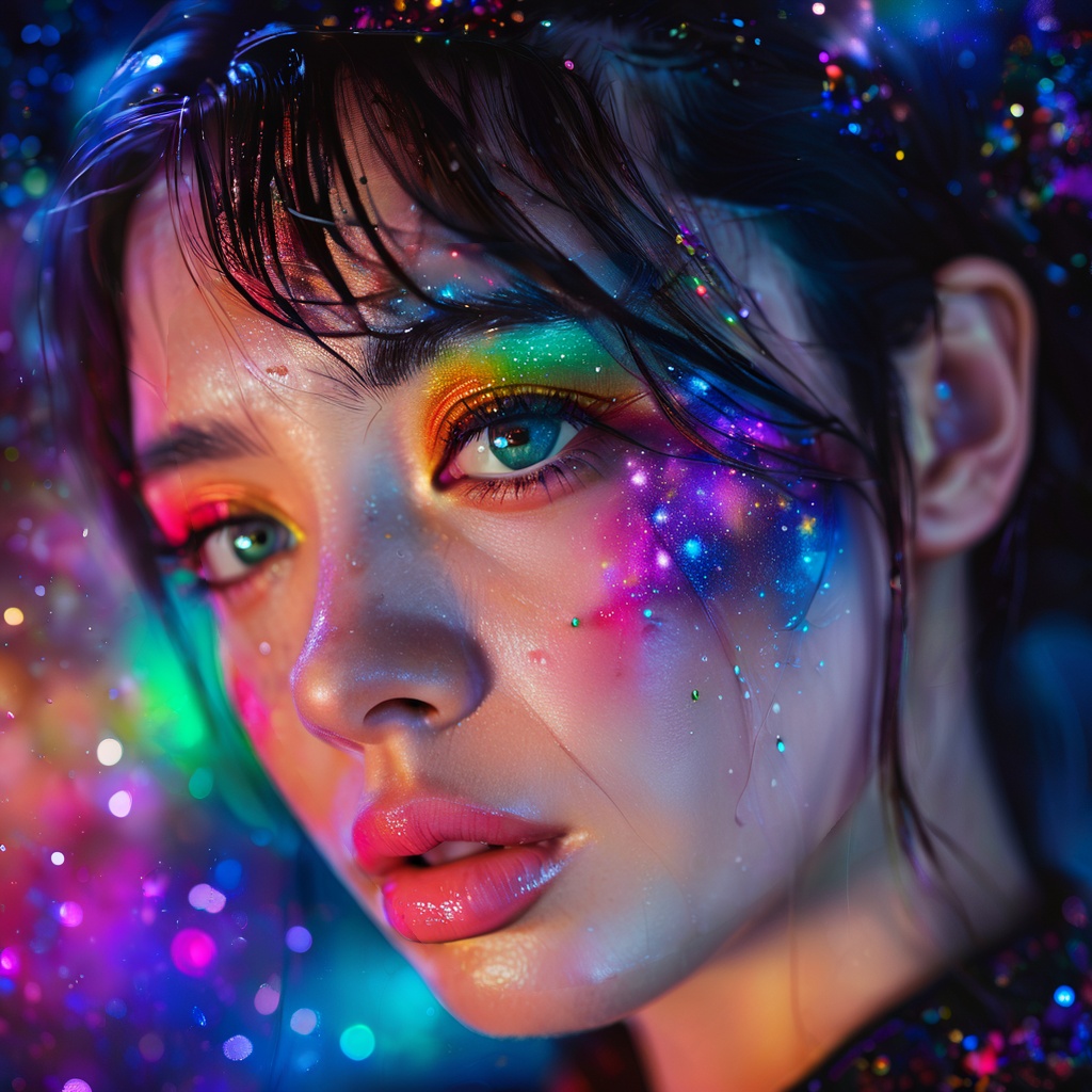 Portrait of a woman, with a colorful galaxy in the eyes, highly detailed, tears, emotional, bokeh, taken at an angle, f/1.2, canon photography, <lora:poaklggllgirl-000007:0.8>
