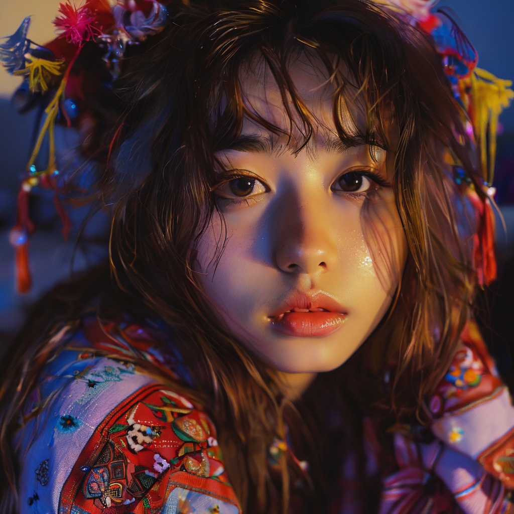 guaiguailuli girl, 25 yo girl, brunette, close-up, girl next door, baggy clothes, night, interior, messy hair,  <lora:poaklggllgirl-000007:0.8>