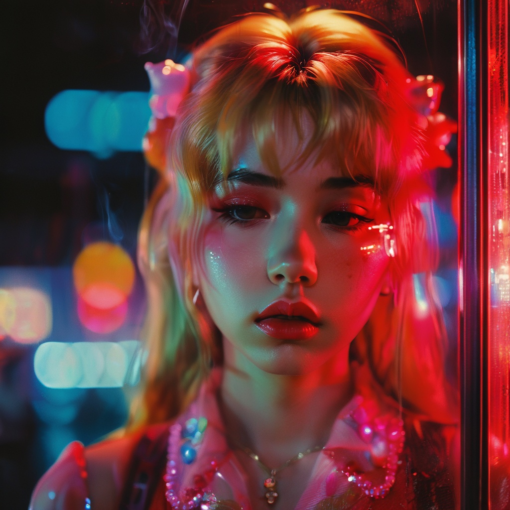guaiguailuli girl, cinematic film still, cute princess peach standing behind a glass. Neon lights, possibly from a cityscape or urban setting, are superimposed on the image, casting a red hue and adding to the ambiance. The background is blurred but suggests an urban environment with reflections and lights. moody and atmospheric tone. The individual's face is partially obscured by what appears to be a smoky or misty effect. princess peach is sad, head slightly tilted. In Casey Baugh's evocative style, <lora:poaklggllgirl-000007:0.8>