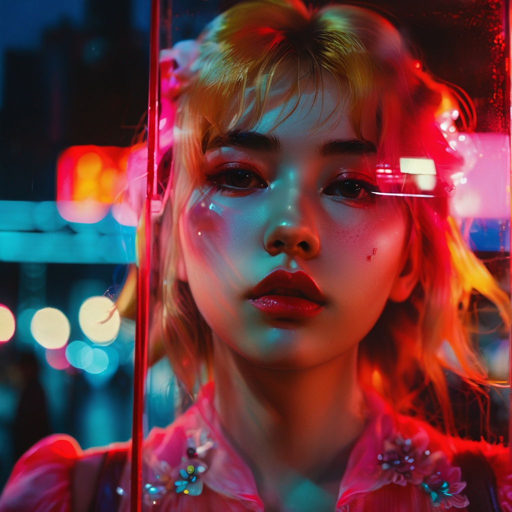 guaiguailuli girl, cinematic film still, cute princess peach standing behind a glass. Neon lights, possibly from a cityscape or urban setting, are superimposed on the image, casting a red hue and adding to the ambiance. The background is blurred but suggests an urban environment with reflections and lights. moody and atmospheric tone. The individual's face is partially obscured by what appears to be a smoky or misty effect. princess peach is sad, head slightly tilted. In Casey Baugh's evocative style, <lora:poaklggllgirl-000007:0.8>