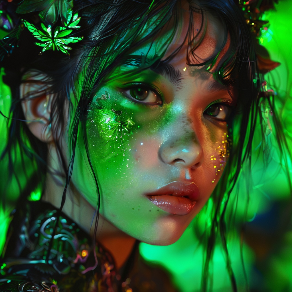 guaiguailuli girl, portrait, fantasy, magic, epic, abstract, chaos, dark, green magic,, <lora:poaklggllgirl-000007:0.8>