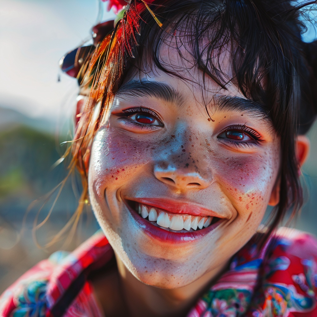 guaiguailuli girl, beautiful lady, (freckles), big smile, ruby eyes, short hair, dark makeup, hyperdetailed photography, soft light, head and shoulders portrait, cover, <lora:poaklggllgirl-000007:0.8>
