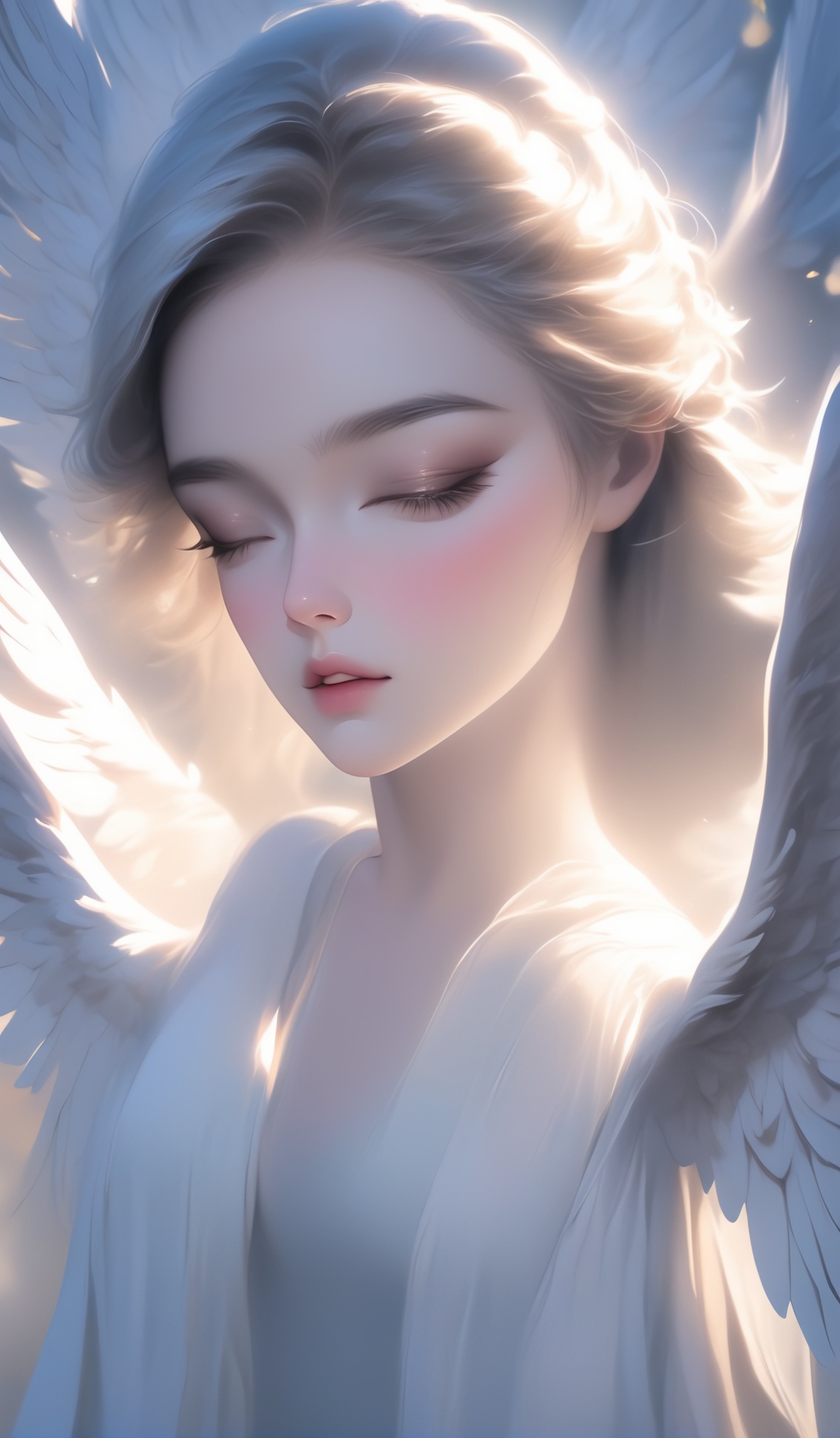 eyes closed looking upside,  praying hands,  beautiful angel wiht large wings on Tensor.Art