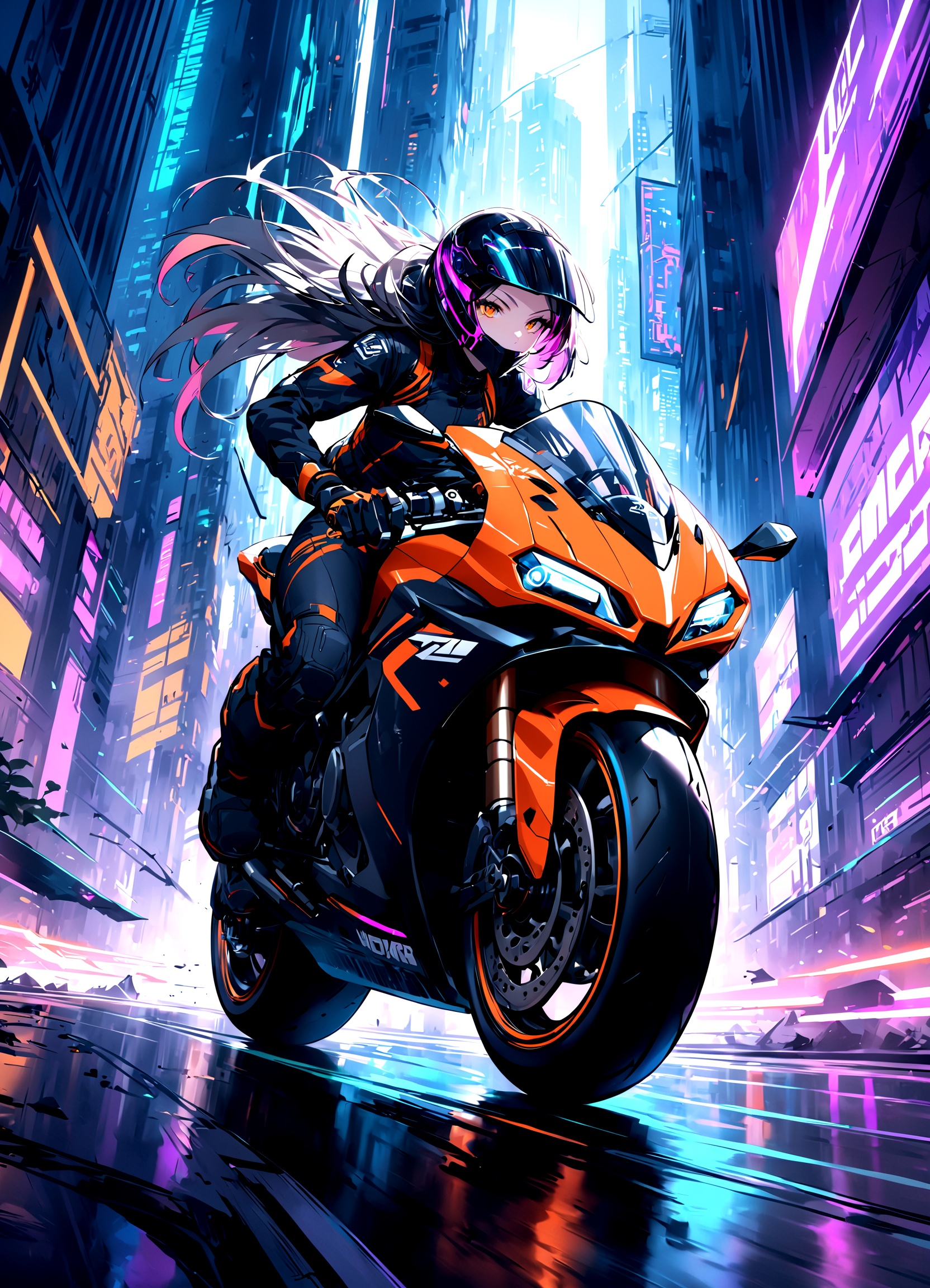 An electrifying illustration capturing the fast-paced action of a motorcycle racer speeding through a futuristic cyberpunk cityscape. The motorcycle rider, dressed in sleek and edgy attire, leans forward with intense determination as they navigate the high-speed race. The motorcycle leaves behind long trails of blurred and elongated light, creating a mesmerizing effect of motion and speed. The cyberpunk-inspired cityscape is filled with towering neon-lit skyscrapers, bustling streets, and futuristic advertisements, immersing the viewer in a vibrant and dynamic world. The color palette chosen for this image includes vibrant neon colors, contrasting with dark shadows and atmospheric haze, adding to the gritty and futuristic atmosphere. The overall result is a thrilling portrayal of a motorcycle racer in a cyberpunk setting, beautifully rendered in a style that captures the ********** and energy of this high-speed competition.