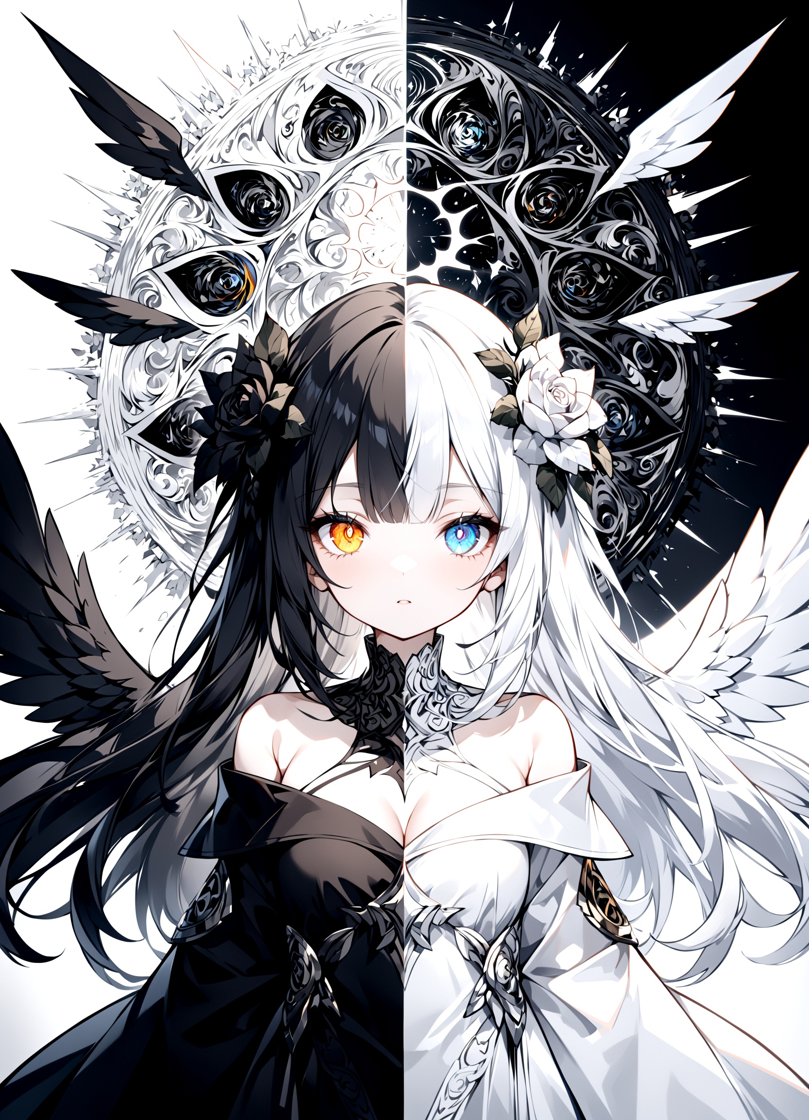 1girl,solo:1.5white_angel with white further wing, light halo,white tone color,black_angel with black further wing,dark halo,black tone color,solo, (((((split theme))))), symmetry:1.3, upper body,cleavage,off shoulder,hair flower, off-shoulder dress, puffy long sleeves, puffy sleeves, rose petals,mandala,chaos,Radial, streamlined,fractal art,art design,burst,Heterochromatic pupil