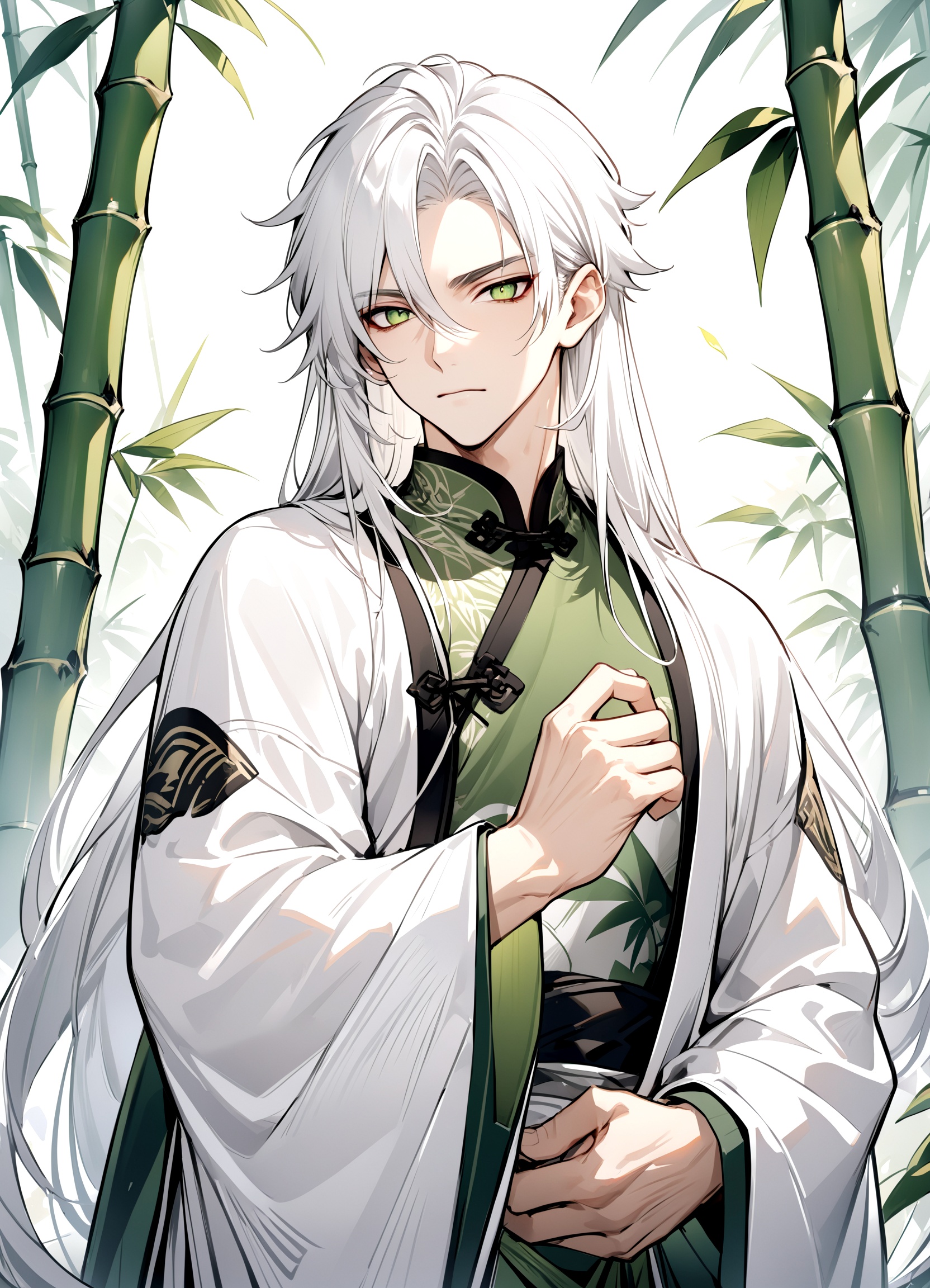 (best quality),((masterpiece)),（male focus:2),Sharp eyes, heroic and handsome,1man,handsome,antle,white hair,very long hair,Straight hair,white and green cloth,chinese clothes,white background,looking at viewer,big sleeves,bamboo,zen painting illustration