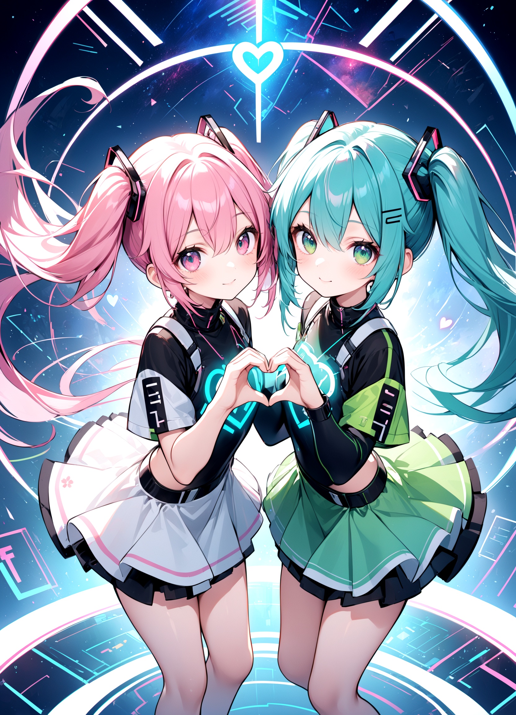 heart hands,  leaning together dynamic angle,  multiple girls on Tensor.Art