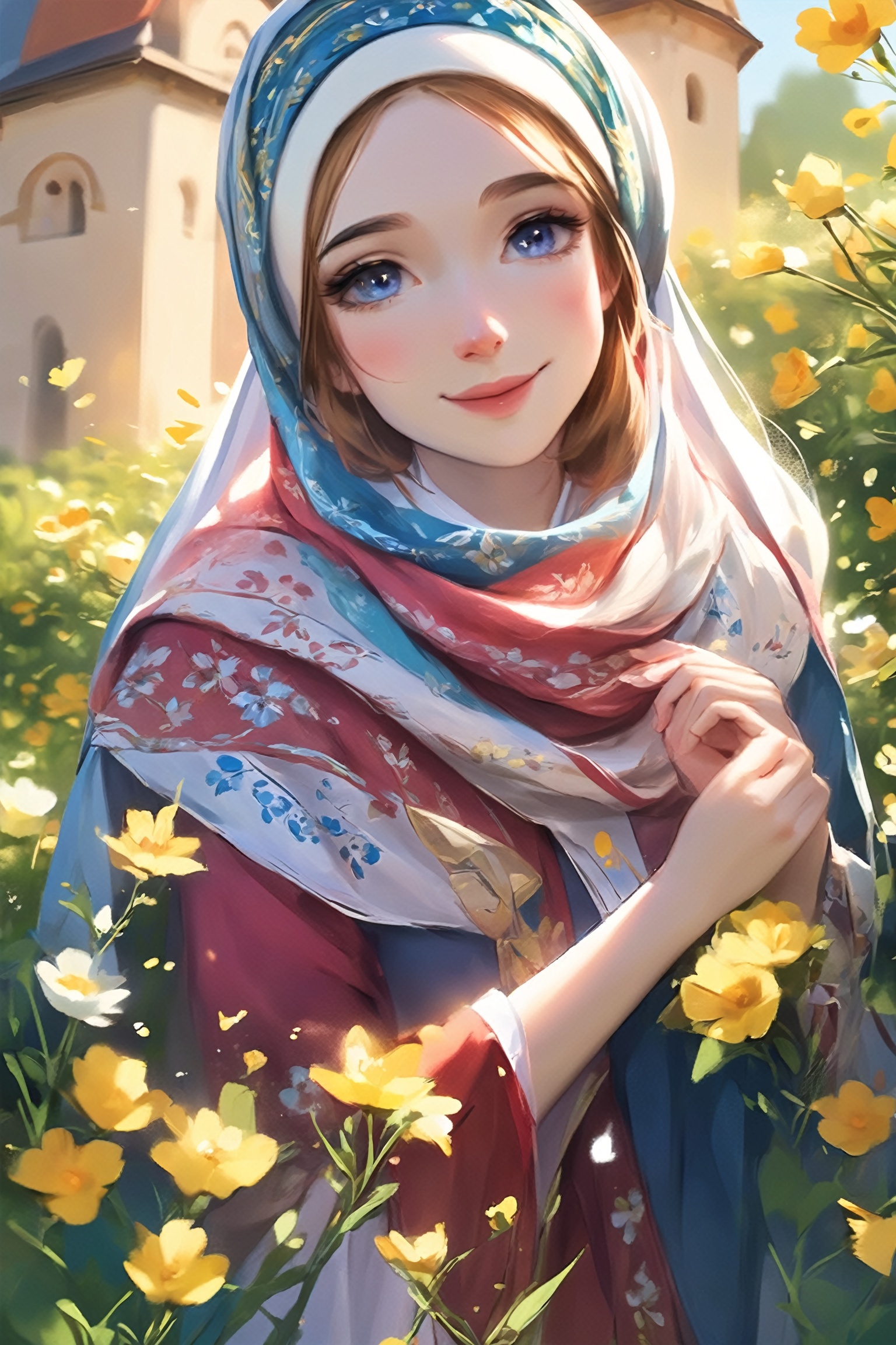 (1girl),  a girl in an Orthodox church wears a modest scarf on her head,  a long floor-length skirt with a pattern on Tens...
