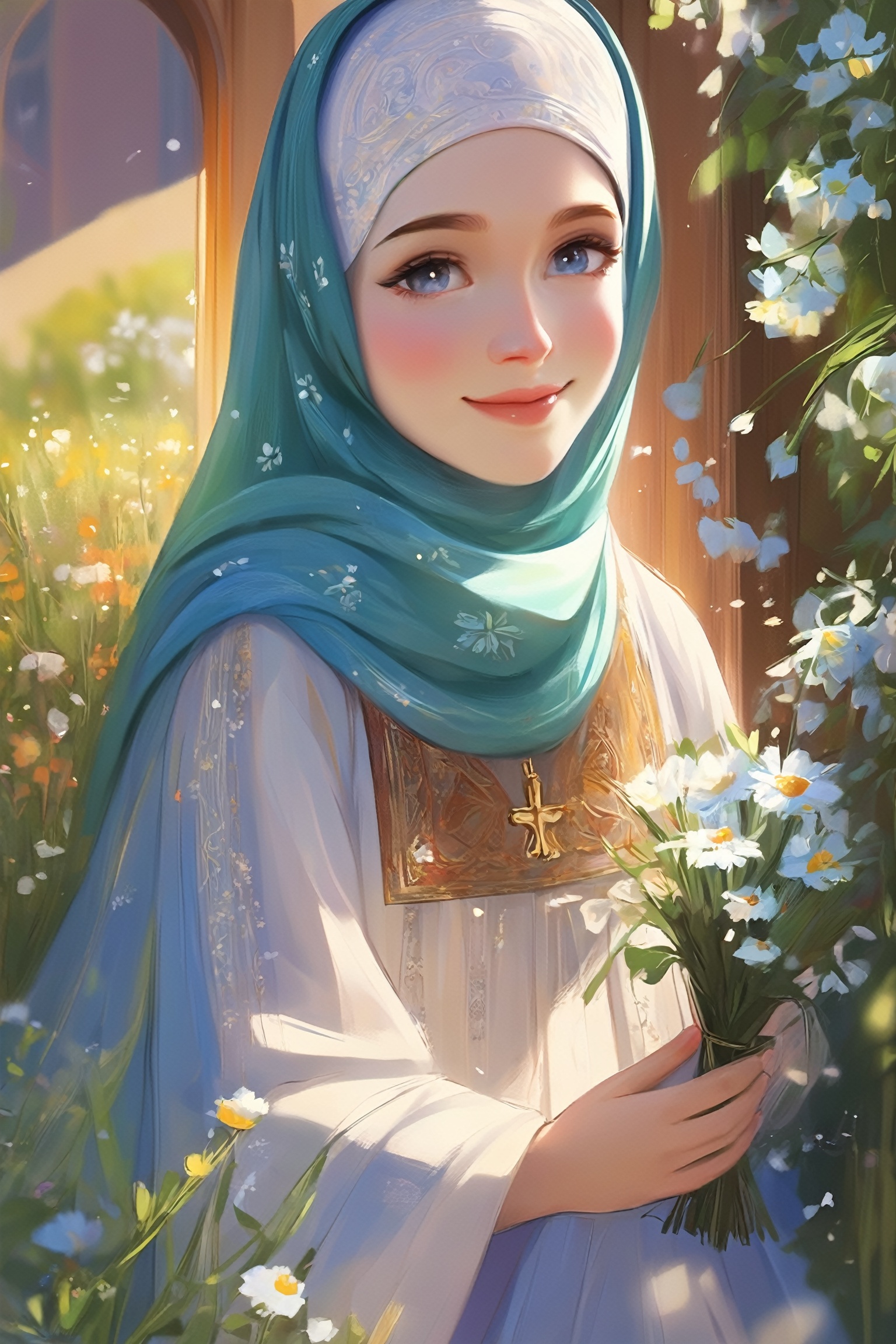 (1girl),  a girl in an Orthodox church wears a modest scarf on her head,  a long floor-length skirt with a pattern on Tens...