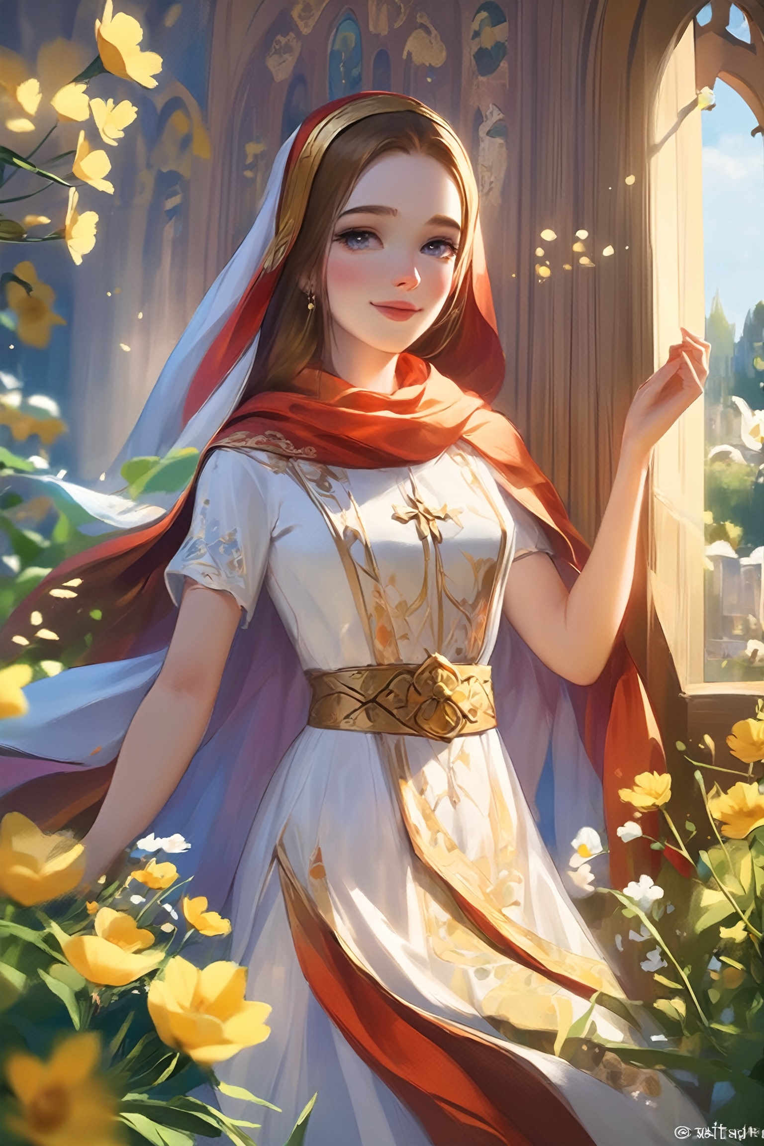 (1girl),  a girl in an Orthodox church wears a modest scarf on her head,  a long floor-length skirt with a pattern on Tens...