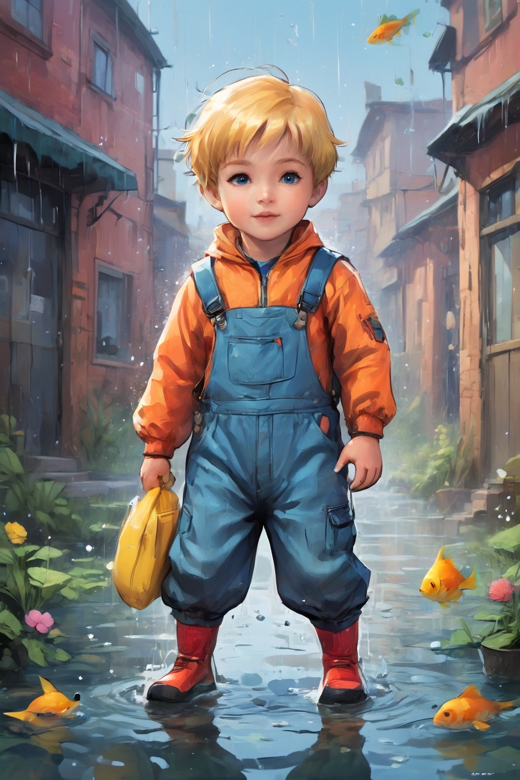 a little boy in a puddle,  a Russian city of the future,  in the yard on Tensor.Art