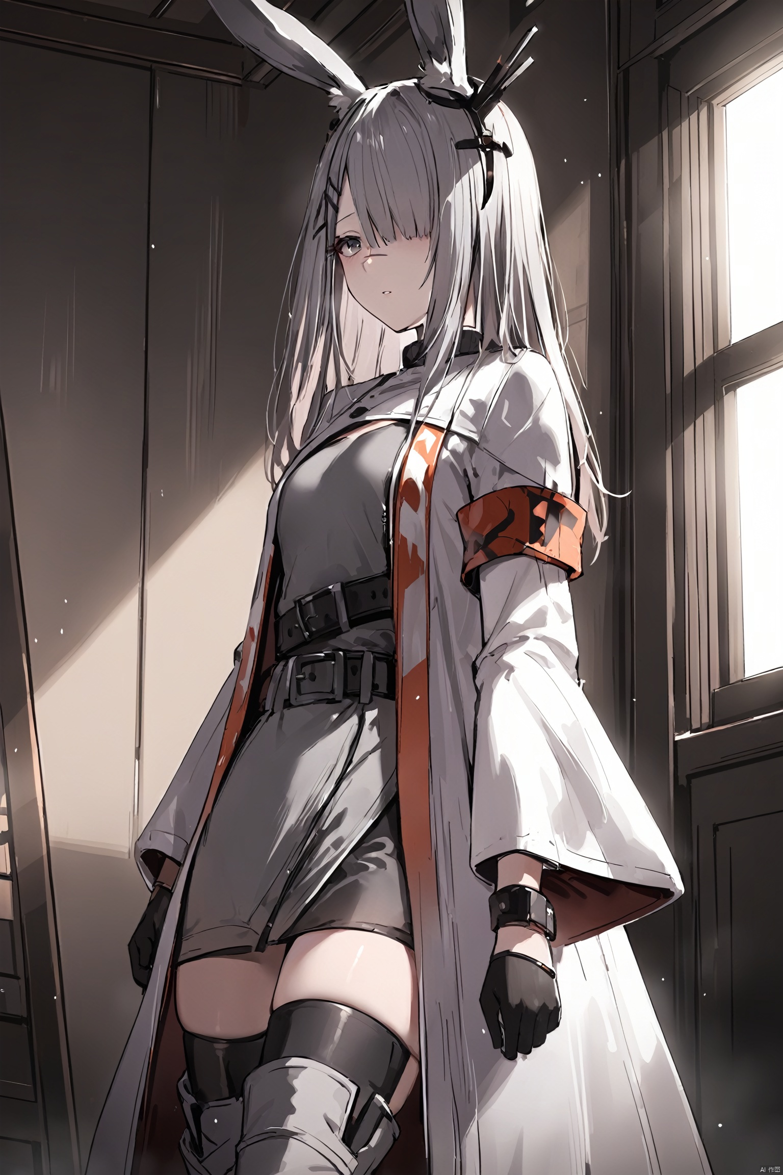  (masterpiece), (best quality), 1girl, rabbit ears,hair ornament,hair clip,grey hair, long hair,grey eyes, hair over one eye,scar on nose,white coat,open clothes,grey dress,belt,black gloves,arm band,long sleeves,medium_breasts,indoors,windos,sunlight, frostnova, (standing:1.2),thighhighs,thigh_boots,