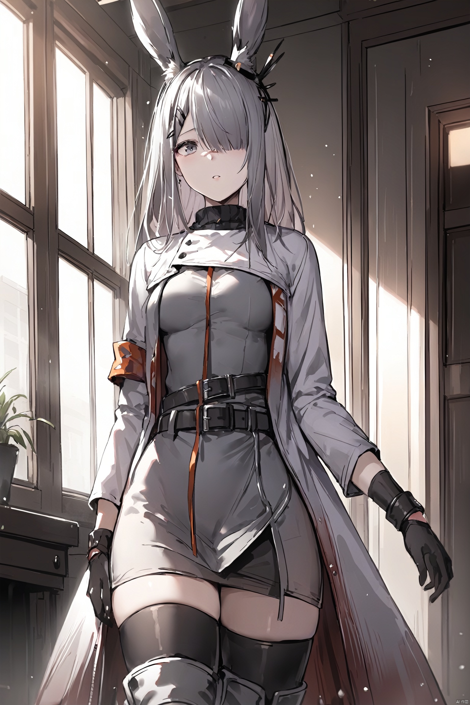  (masterpiece), (best quality), 1girl, rabbit ears,hair ornament,hair clip,grey hair, long hair,grey eyes, hair over one eye,scar on nose,white coat,open clothes,grey dress,belt,black gloves,arm band,long sleeves,medium_breasts,indoors,windos,sunlight, frostnova, (standing:1.2),thighhighs,thigh_boots,