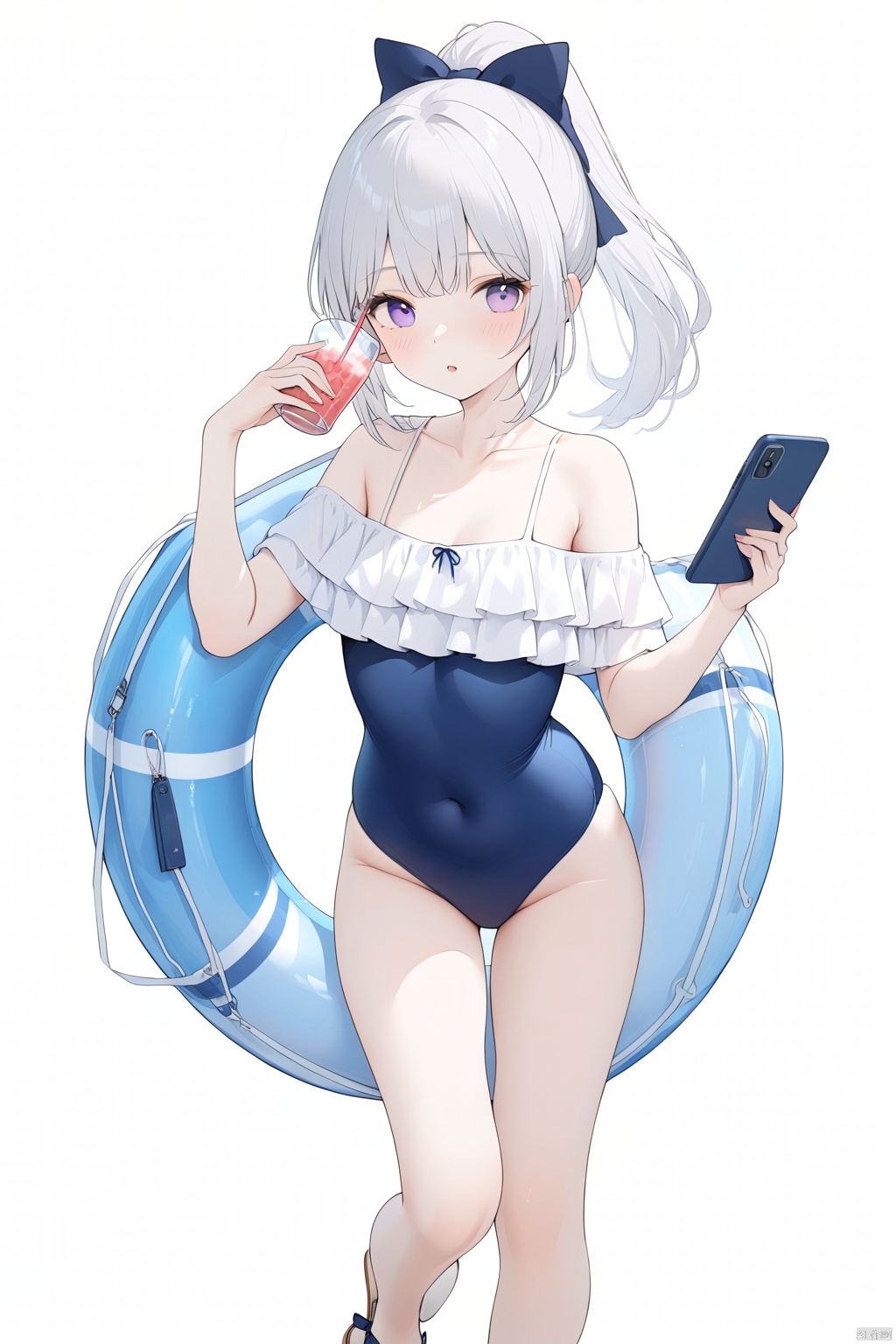 1girl,(masterpiece:1.3),( beautiful:1.2),(high quality:1.2),(finely detailed:1.2),extremely detailed CG unity 8k wallpaper,best quality,a very delicate and beautiful,perfect fingers,(one cute girl at the center:1.2),simple_background,white background, 
miyakoBA,long hair,bangs,holding,purple eyes,collarbone,swimsuit,full body,ponytail,white hair,frills,off shoulder,bag,one-piece swimsuit,covered navel,alternate hairstyle,phone,sandals,school swimsuit,cellphone,smartphone,innertube,blue one-piece swimsuit,frilled swimsuit,miyakoSwimsuit