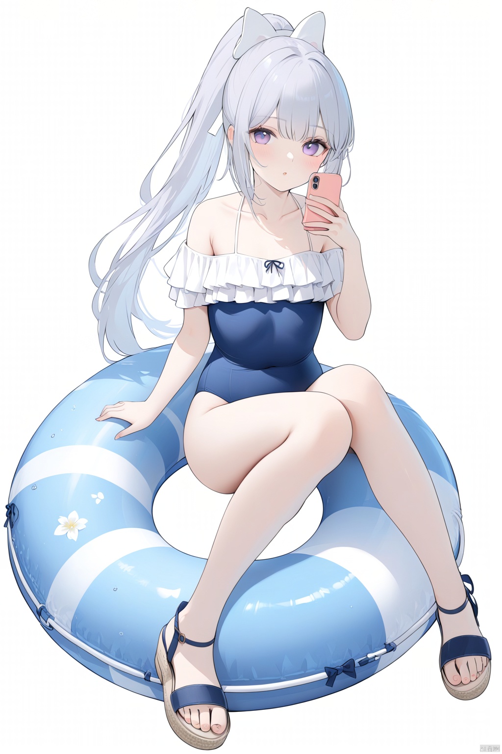 1girl,(masterpiece:1.3),( beautiful:1.2),(high quality:1.2),(finely detailed:1.2),extremely detailed CG unity 8k wallpaper,best quality,a very delicate and beautiful,perfect fingers,(one cute girl at the center:1.2),simple_background,white background, 
miyakoBA,long hair,bangs,holding,purple eyes,collarbone,swimsuit,full body,ponytail,white hair,frills,off shoulder,bag,one-piece swimsuit,covered navel,alternate hairstyle,phone,sandals,school swimsuit,cellphone,smartphone,innertube,blue one-piece swimsuit,frilled swimsuit,miyakoSwimsuit,sitting,