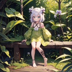  masterpiece, bestquality, Traptrix style, 1girl, little girl, (orchid:1.3), chartreuse hair, Tender green clothing, Tattoos, (Barefoot:0.5), forest, full body,