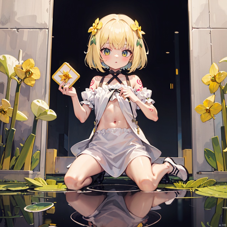  masterpiece, bestquality, Traptrix style, 1girl, little girl, solo, (narcissus:1.6), light yellow hair, white clothing, Tattoos, (Barefoot:0.5), full body,