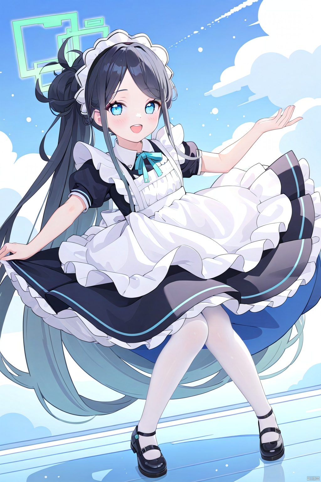  1girl,(masterpiece:1.3),( beautiful:1.2),(high quality:1.2),(finely detailed:1.2),extremely detailed CG unity 8k wallpaper,best quality,a very delicate and beautiful,perfect fingers,(one cute girl at the center:1.2),
aliceBA,long hair,smile,blue eyes,black hair,very long hair,full body,pantyhose,alternate costume,apron,maid,maid headdress,alternate hairstyle,maid apron,white pantyhose,absurdly long hair,aris \(blue archive\),aliceMaid,open_mouth,