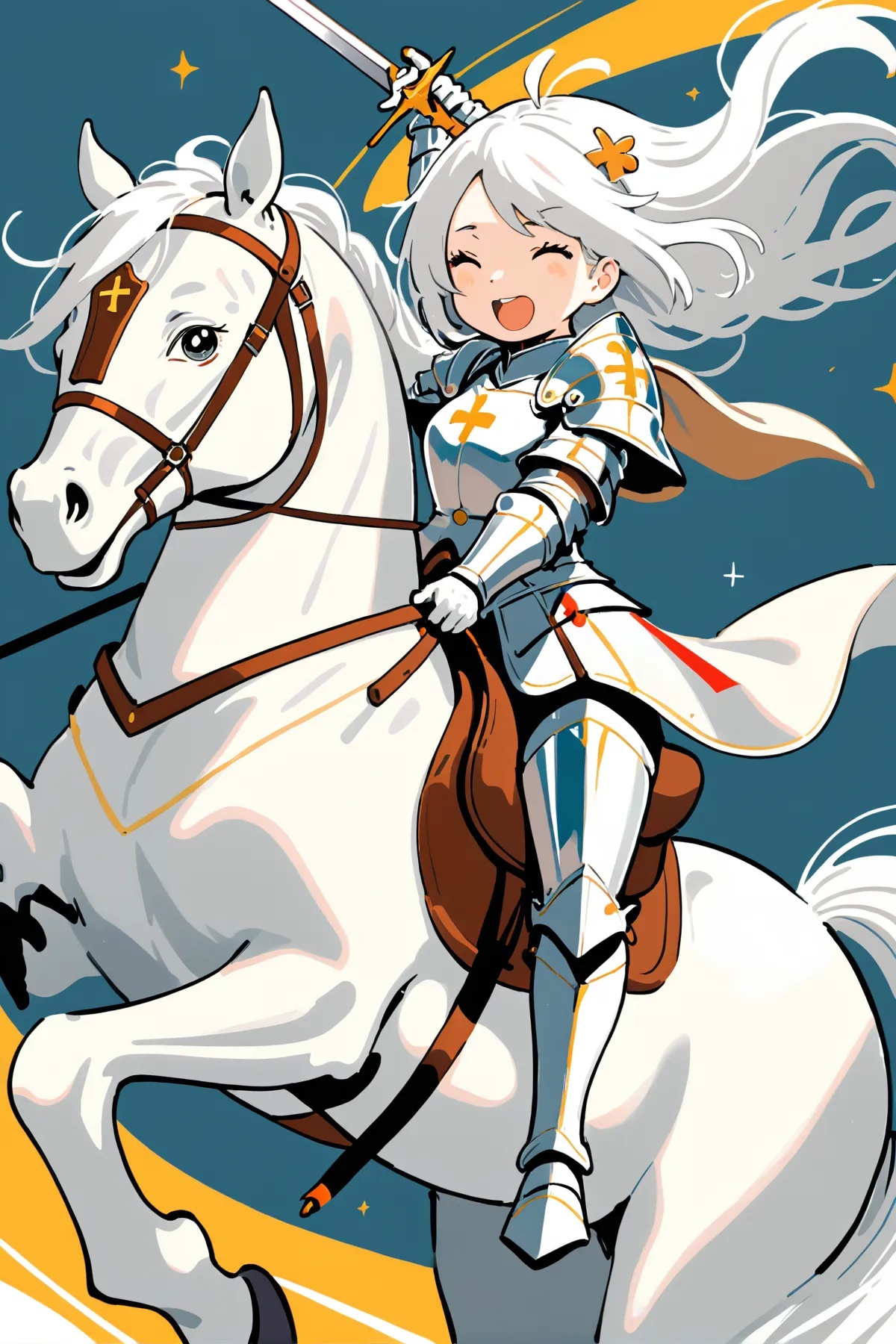 Illustration of a female knight riding a white horse with a joyful expression,  holding a shining sword high in the air as...