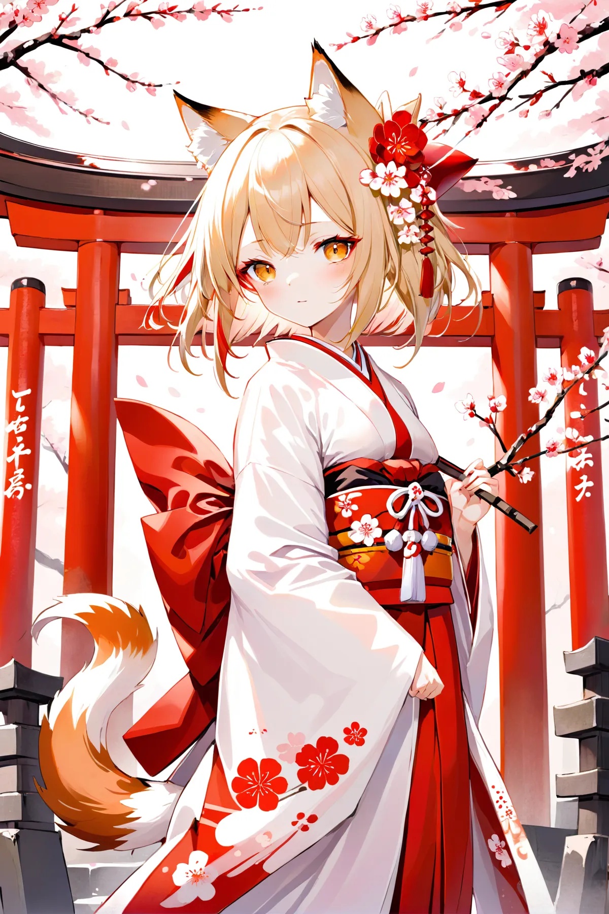 Illustration of a young fox shrine maiden standing in front of a traditional Japanese torii gate,  wearing a flowing white...