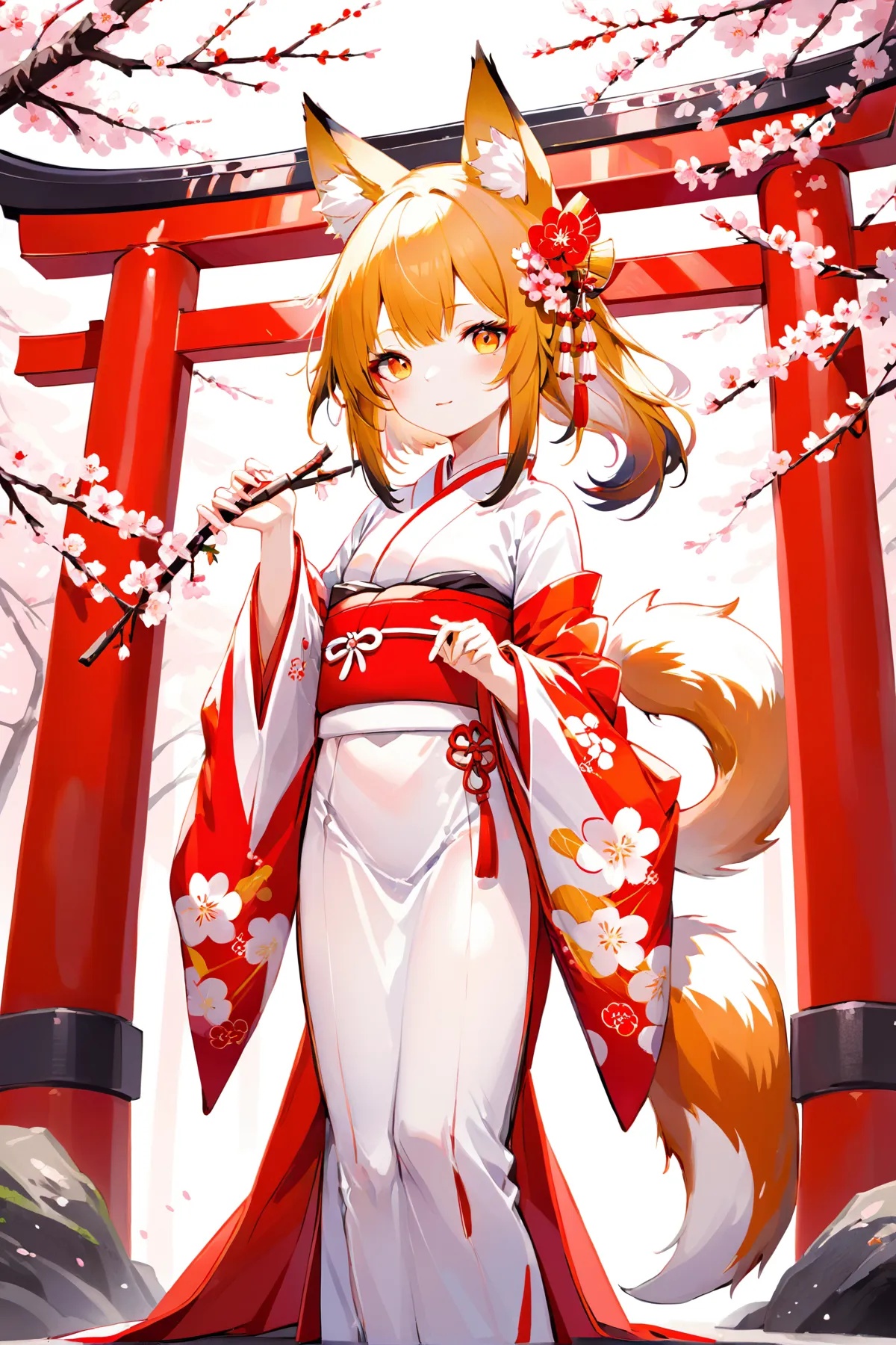Illustration of a young fox shrine maiden standing in front of a traditional Japanese torii gate,  wearing a flowing white...