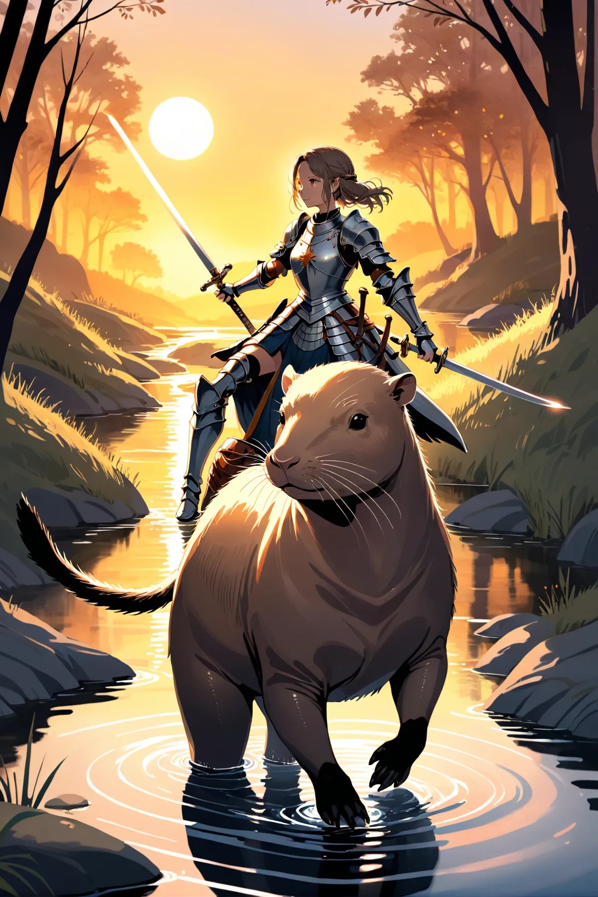 Illustration of a female knight riding a majestic nutria through a serene stream,  gracefully wielding a sword as the sun...