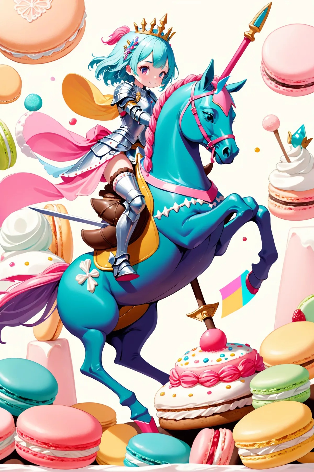 {Illustration} of a determined female knight riding a majestic macaron steed through a whimsical and colorful pastry kingd...