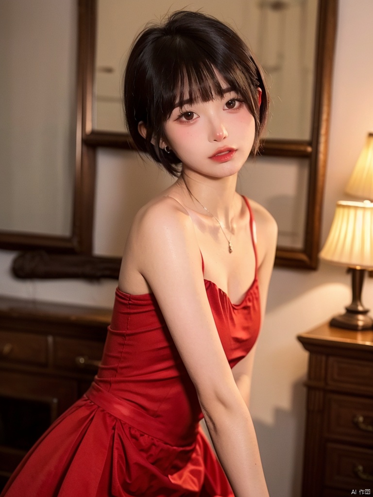  1, 1girl, short hair, brown hair, solo, dress, brown eyes, looking at viewer, holding, red dress, parted lips, bare shoulders, indoors, lips, upper body, sleeveless, 1gril