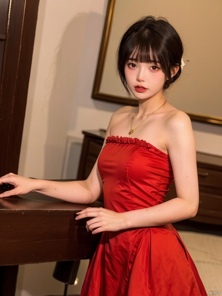  1, 1girl, short hair, brown hair, solo, dress, brown eyes, looking at viewer, holding, red dress, parted lips, bare shoulders, indoors, lips, upper body, sleeveless, 1gril