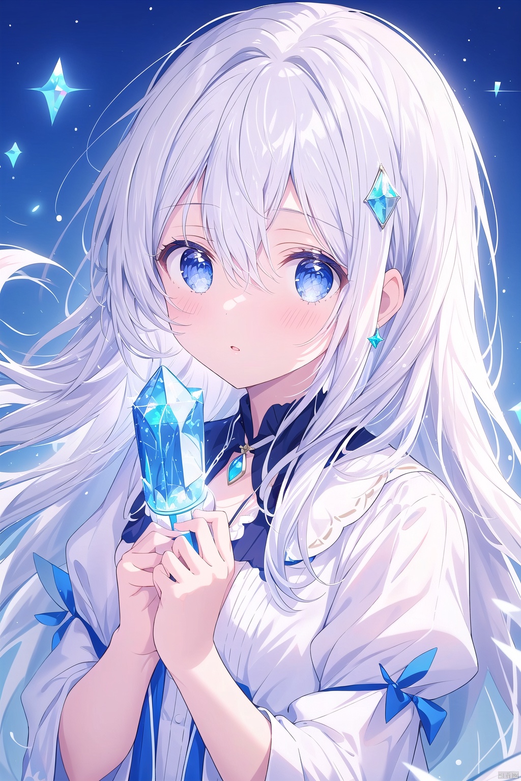  1girl, solo, long hair, looking at viewer, bangs, blue eyes, holding, hair between eyes, upper body, white hair, parted lips, gem