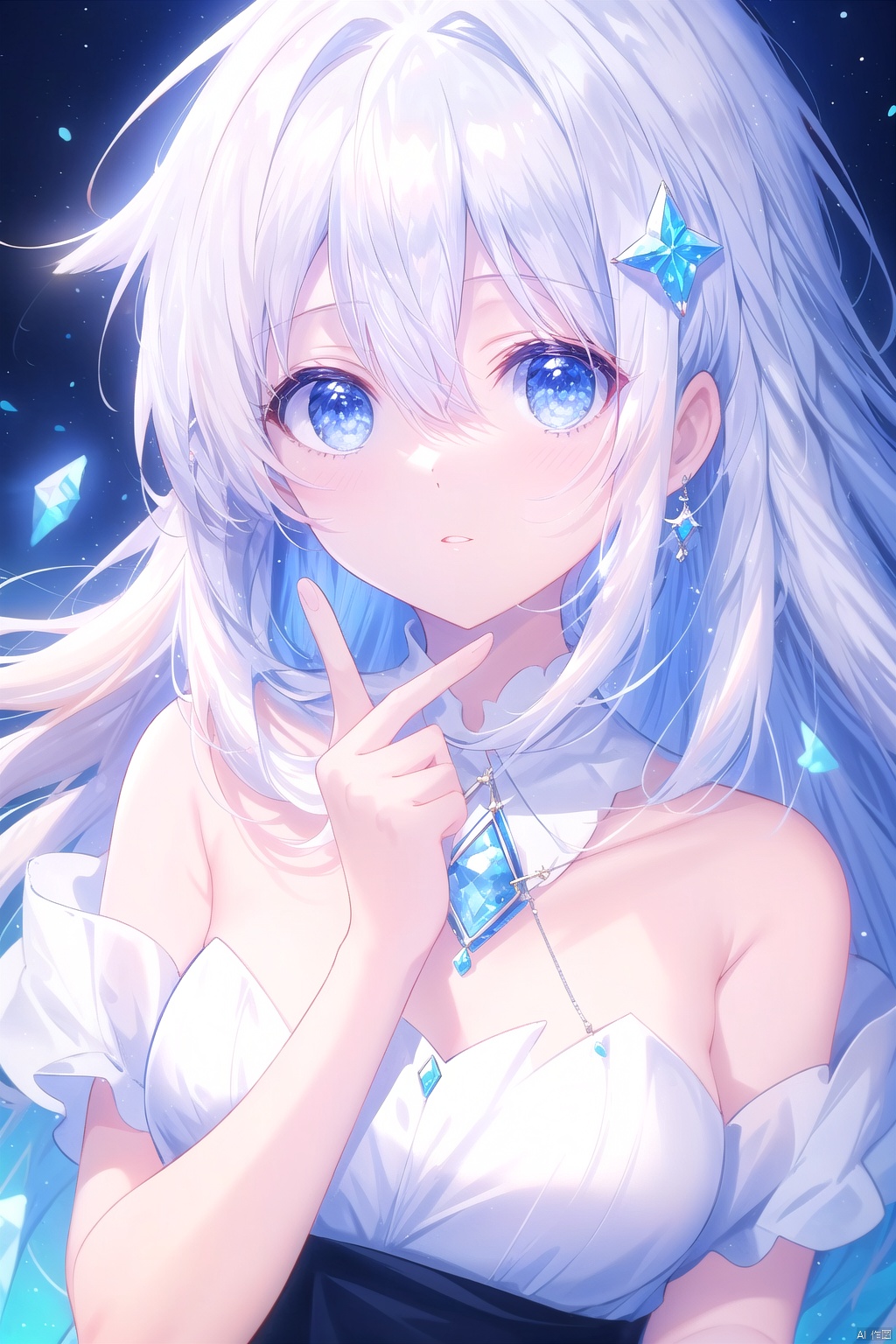  1girl, solo, long hair, looking at viewer, bangs, blue eyes, holding, hair between eyes, upper body, white hair, parted lips, gem