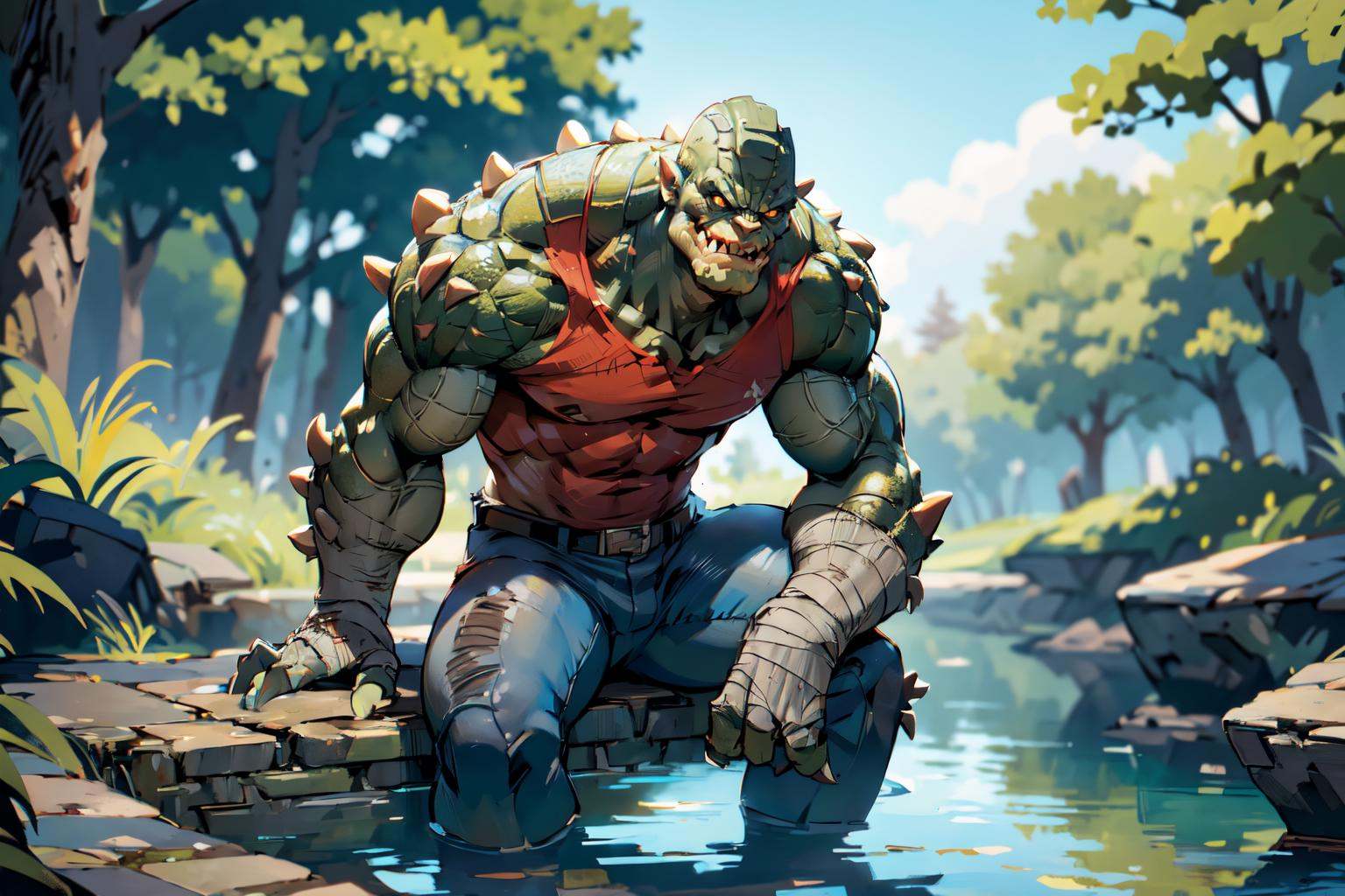 upper body,  a man wearing a red shirt:1.2,  sitting in a park with trees and a river by Bloodysunkist on Tensor.Art