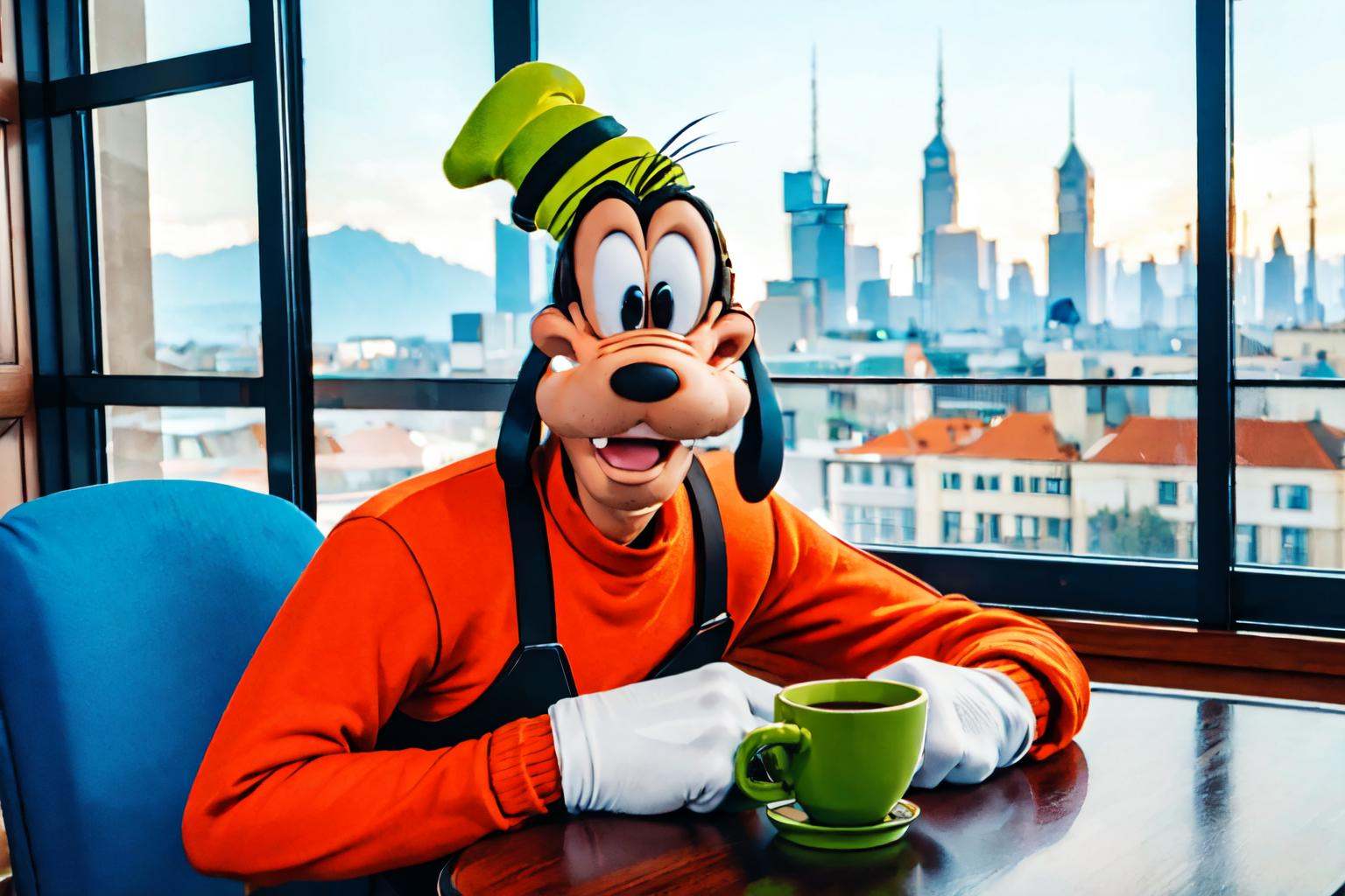 sitting on a chair behind a table in a cafe holding a cup of tea,  indoor,  city in background by Bloodysunkist on Tensor.Art