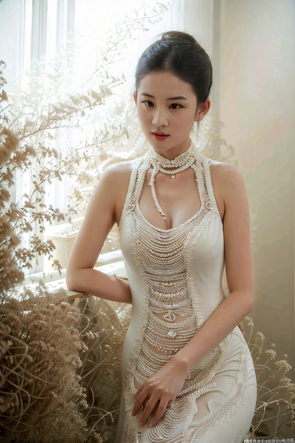 (global illumination, reality,ray tracing, HDR, unreal rendering, reasonable design, high detail, masterpiece,best quality, ultra high definition, movie lighting),
1girl,outdoor,looking_at_viewer,side_blunt_bangs,china_dress,chinese_style,big breasts,pose,solo,1girl,black hair,black eyes,  cheongsam