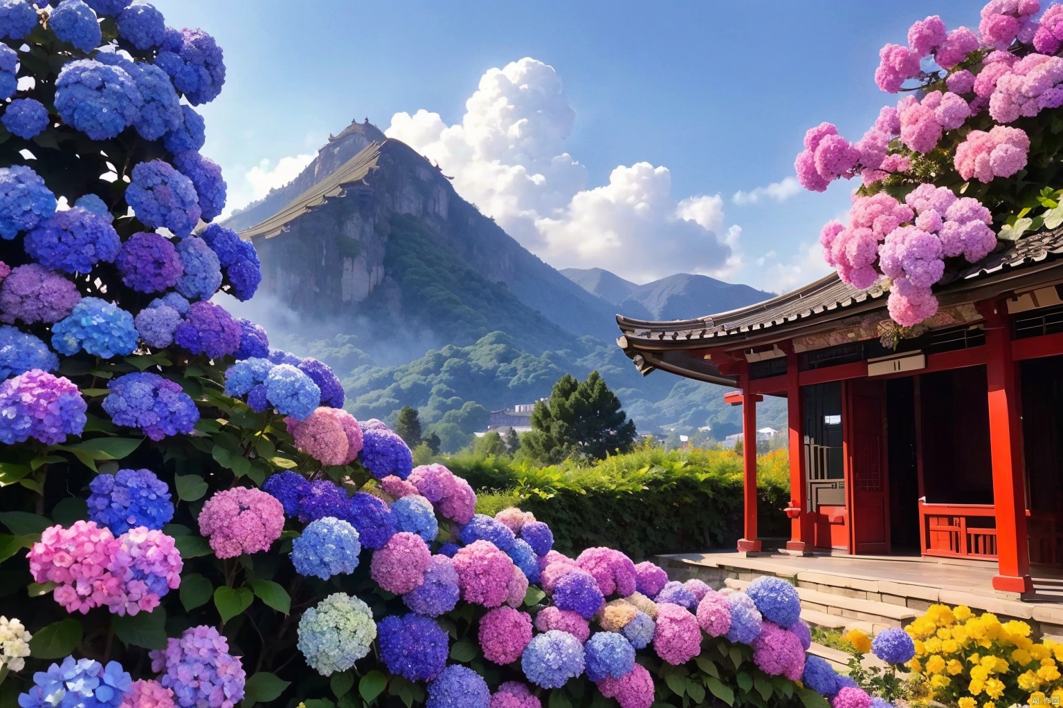  1girl,solo,/Hydrangea chinensis Maxim/outdoors
￼
sky
￼
Look down on
day
￼
cloud
￼
flower
￼
blue sky
￼
no humans
￼
building
￼
scenery
￼
mountain
￼
architecture
￼
east asian architecture