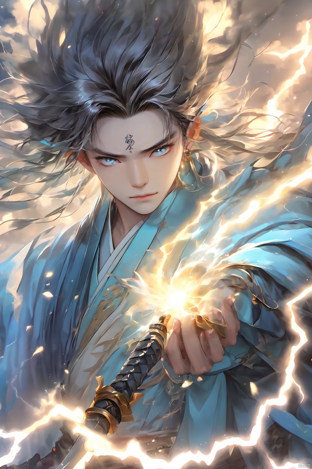 1boy,hanfu,Thunder Magic, blue eyes, blue hair, cloud, cloudy sky, electricity, facial mark, glowing, holding,lightning,Thunder and lightning surround,Lightning bifurcation,Fine lightning,fighting,Lightning fluid,electric,thunder, (holding sword:1.5), holding weapon, jewelry, lightning, long hair, male focus, sky, solo, sword, weapon