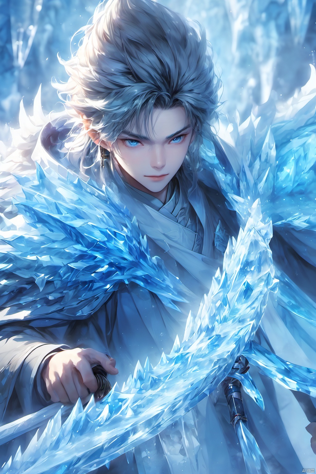 1boy, blue theme, caustics, cave, coat, holding, ice,Chinese clothing, male focus,Ice crystal,Icicles,ice,Ice Magic,Chinese Ice Dragon, solo, standing, sword, weapon
