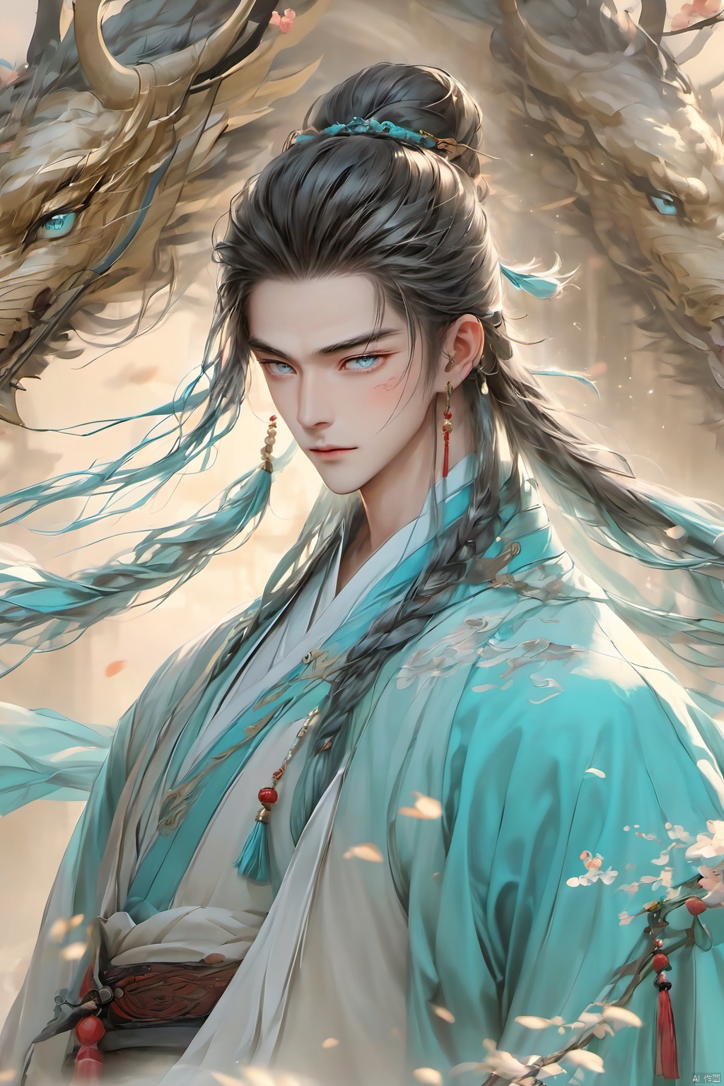 Wind Magic,Ancient Chinese men,1boy, blue eyes, braid, chinese clothes, closed mouth, facial mark, floating hair, forehead mark, hair ornament, jewelry, long hair, looking at viewer, male focus, petals, solo, tassel, upper body,Ancient Chinese Hanfu,wind