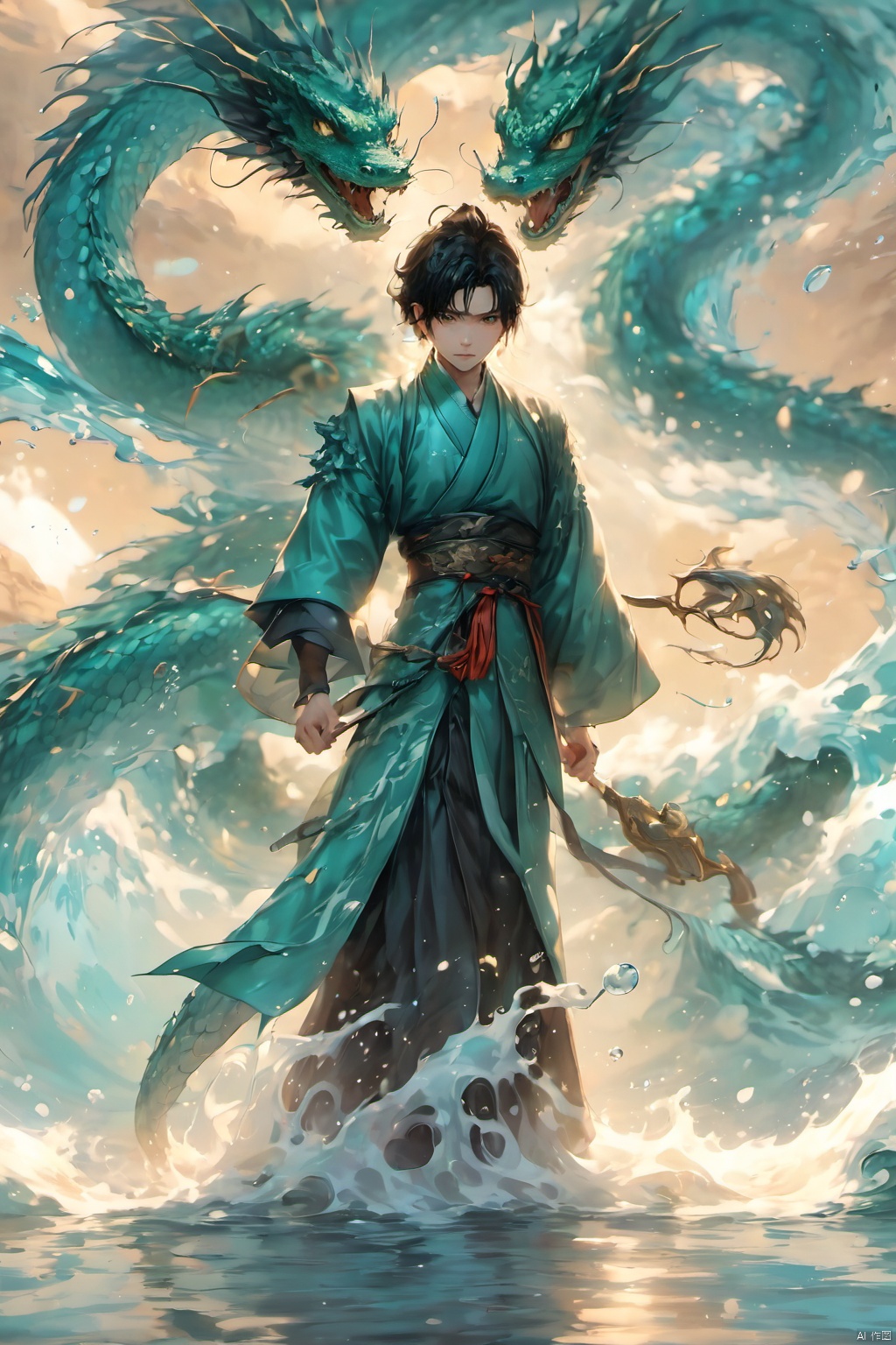 1boy, beach, black hair, bubble, caustics,Chinese Dragon, long hair, ocean,Chinese Water Dragon,Flowing water,Water magic ,fluid, ripples, splashing, standing on liquid, wading, walking on liquid, water, waves, weapon, wet