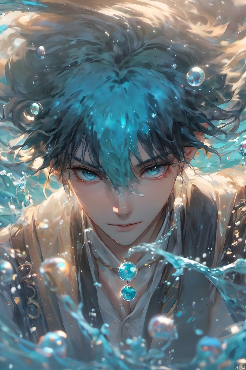 1boy, afloat, air bubble, aqua hair, blue hair, bubble, caustics, floating hair, jewelry, long hair, looking at viewer, male focus,fluid,Water magic ,Fluid hair,Flowing water, necklace, ocean, partially submerged, solo, splashing, submerged, underwater, water, water drop, waves, wet
