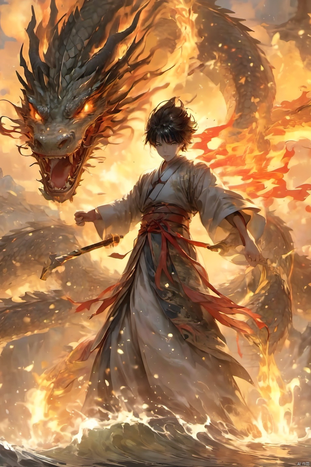 1boy, battle, breathing fire, burning,Chinese Dragon, embers, evening, fire, flame, flaming sword,Chinese Land Dragon,Earth Magic , flaming weapon, molten rock, open mouth, splashing, standing on liquid, tail-tip fire, teeth, twilight, wading, water, waves