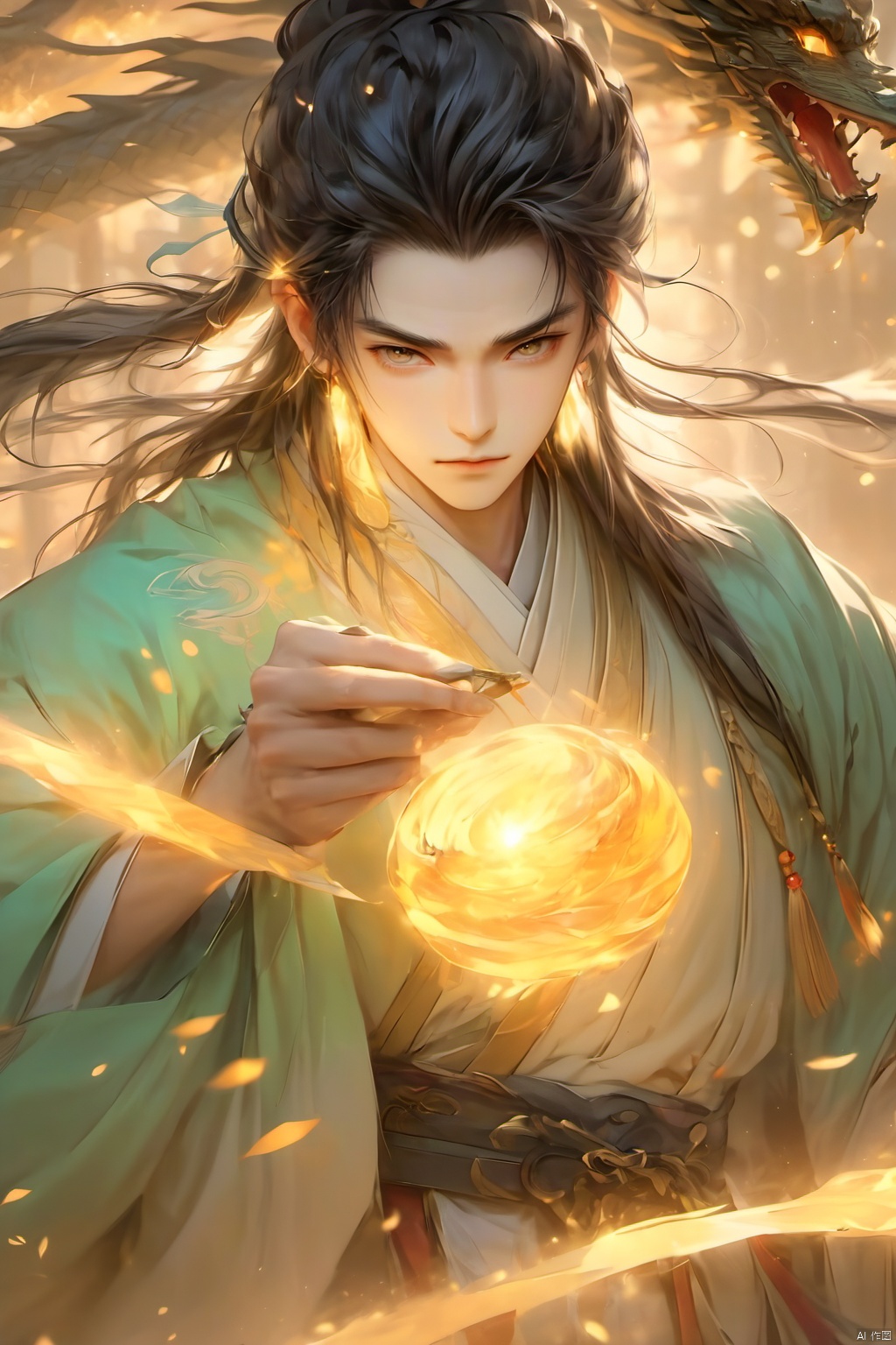 1boy, black hair, closed mouth, evening,Glowing Sword, jewelry, leaf,dawn,Chinese Photon Dragon,Light magic,Photofluid,Ancient Chinese Hanfu, long hair,Photoparticle, magic, male focus, solo, twilight, upper body