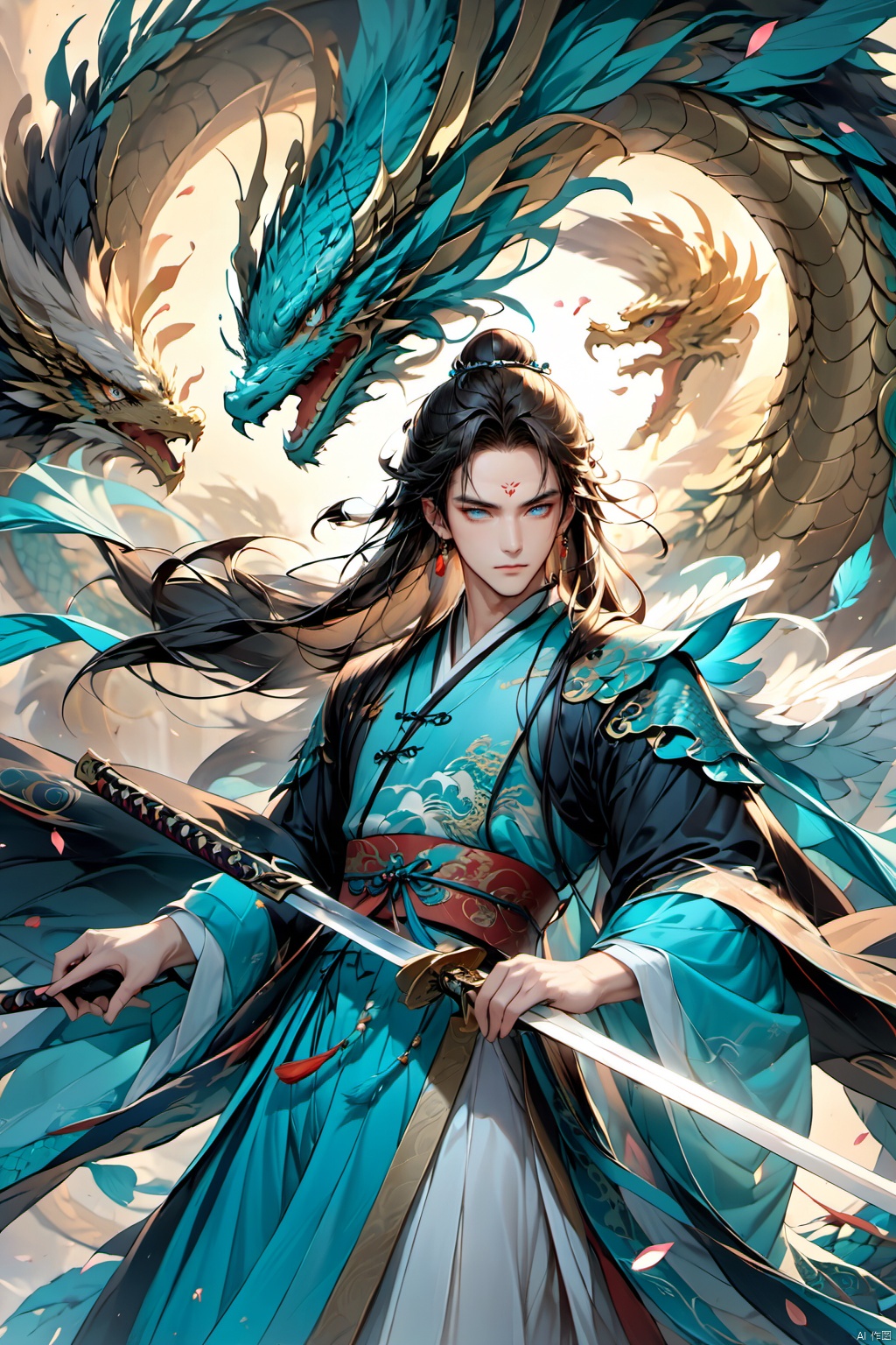 (masterpiece, best quality:1.2), Wind Magic,Ancient Chinese men,1boy, blue eyes, chinese clothes, closed mouth,Chinese Dragon, eagle, facial mark, feathered wings, feathers, forehead mark, holding, holding sword, holding weapon, jewelry, long hair, long sleeves, male focus, petals, standing, sword, weapon, white wings, wings,Ancient Chinese Hanfu,wind,Chinese Wind Dragon