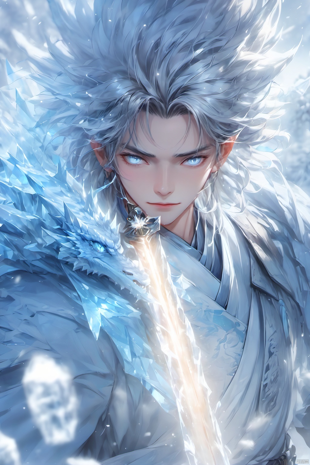 1boy, blue eyes, closed mouth, eyelashes, face, floating hair, glowing, holding,Ice Magic,Ice crystal,Icicles,ice,Chinese Ice Dragon, holding weapon,Chinese clothing, looking at viewer, male focus, solo, sword, weapon, white hair